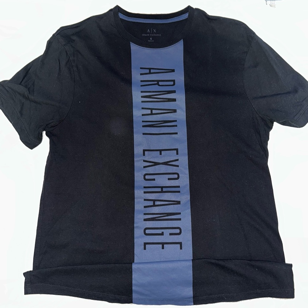 Armani Exchange Men's Black Tee with Blue Stripe